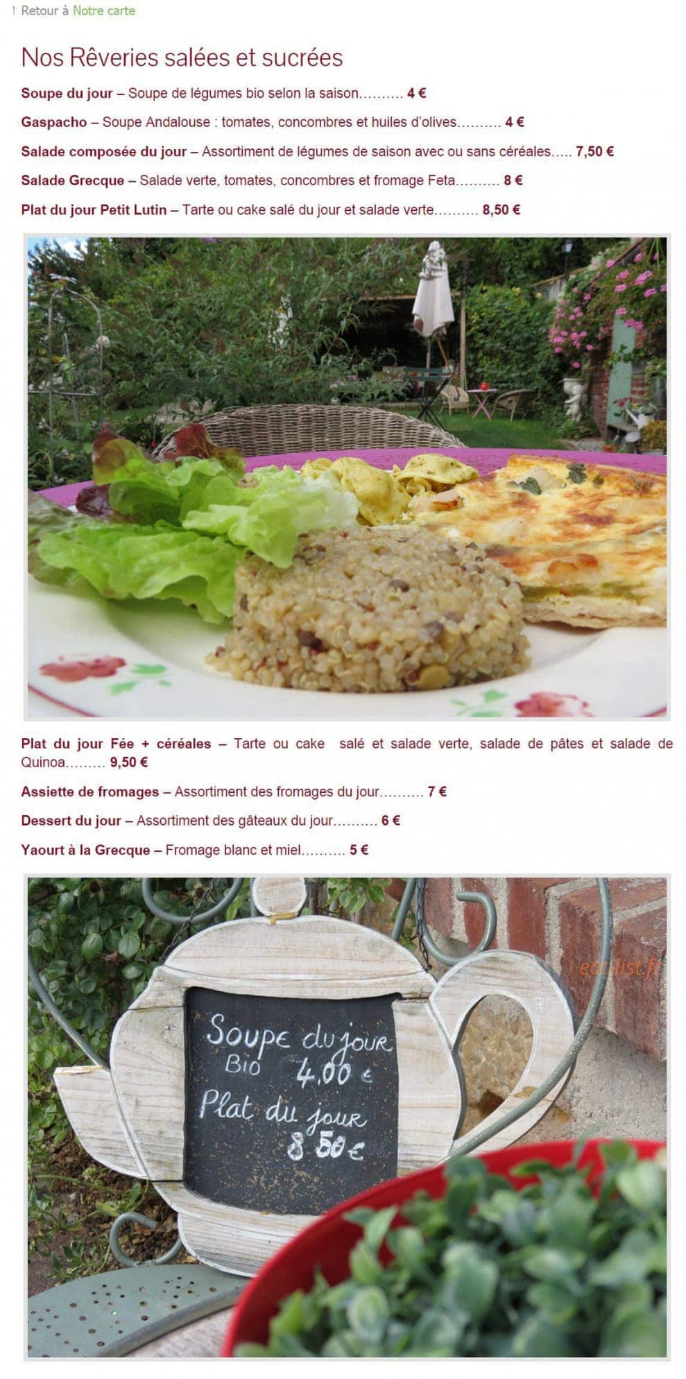 Carte et menu de Les Rêveries dans la Théière à Ermenonville — Les reveries salées et sucrées