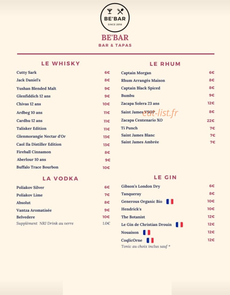 Be’Bar — carte page 1