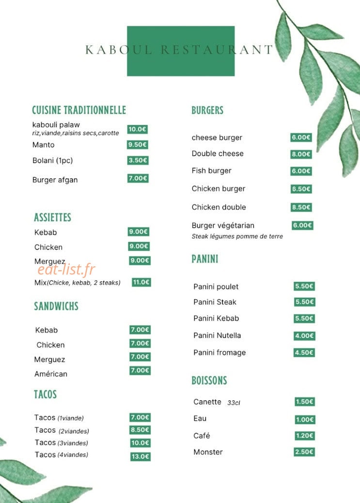 Kaboul Restaurant — carte page 1