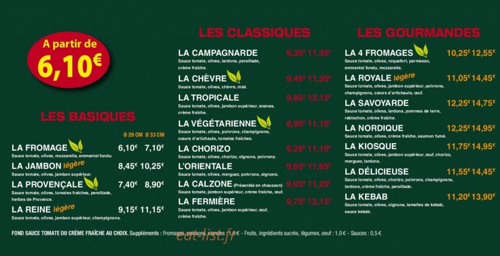 Le Kiosque à Pizzas — carte page 1