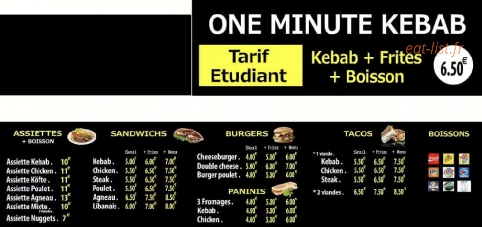 One Minute Kebab — carte page 1