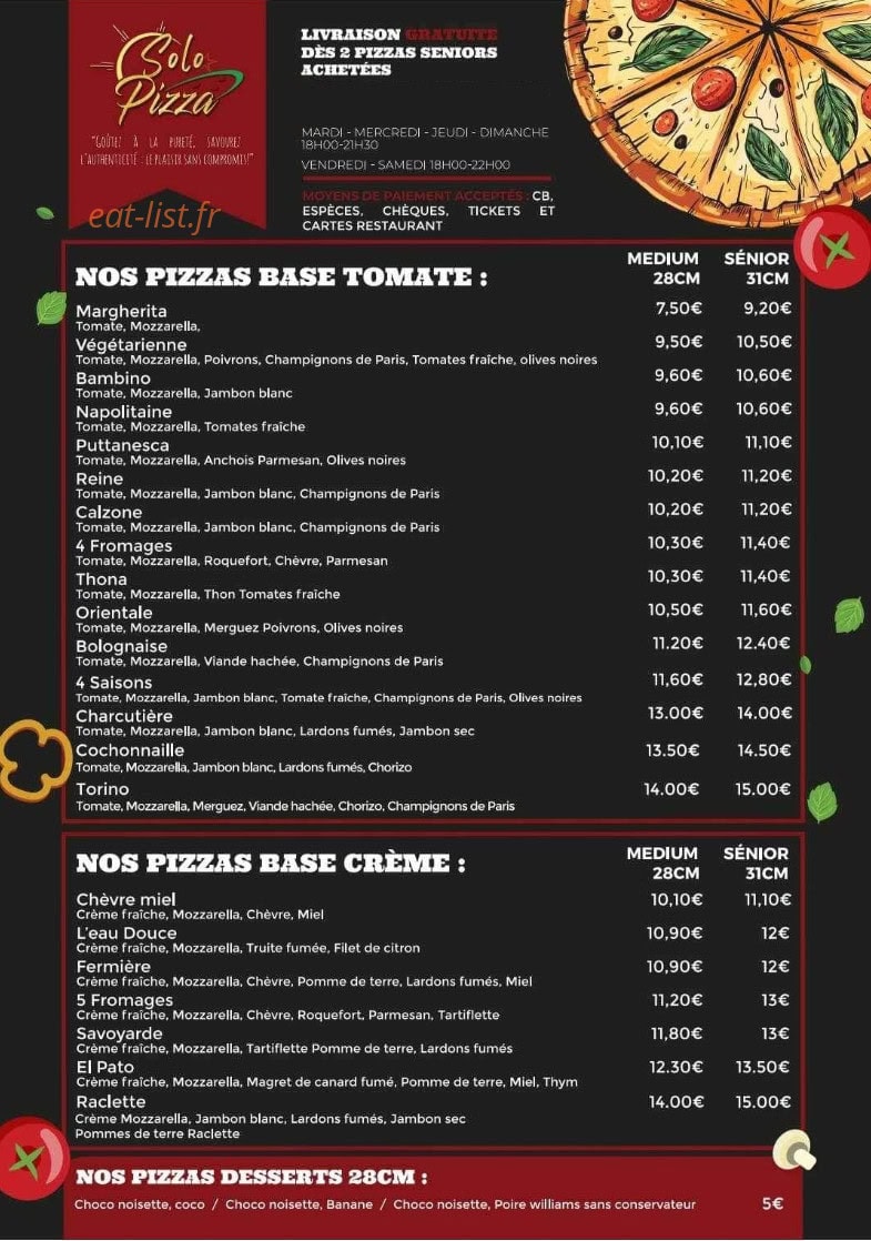 Solo Pizza — carte page 1