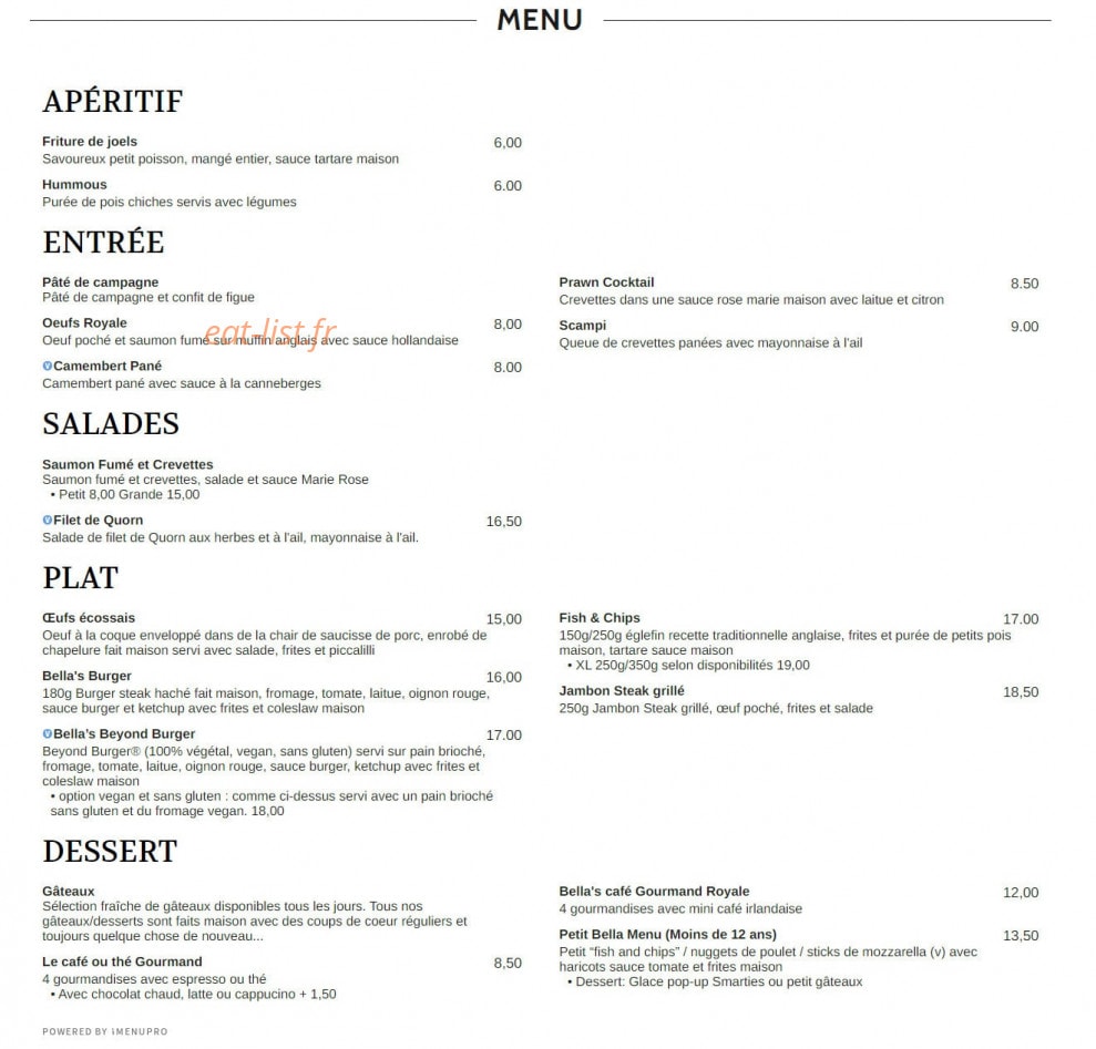Bella's Tea Room — carte page 1