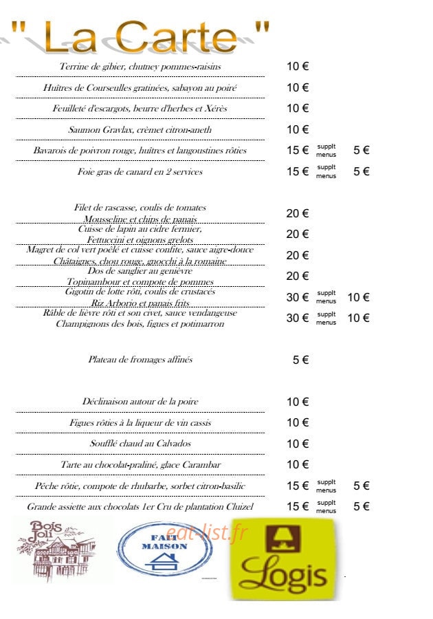 Restaurant Bois Joli — carte page 1