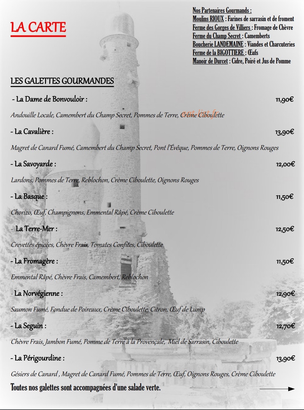 Carte et menu de Crêperie de Bonvouloir à Juvigny Val d'Andaine — Les galettes gourmandes