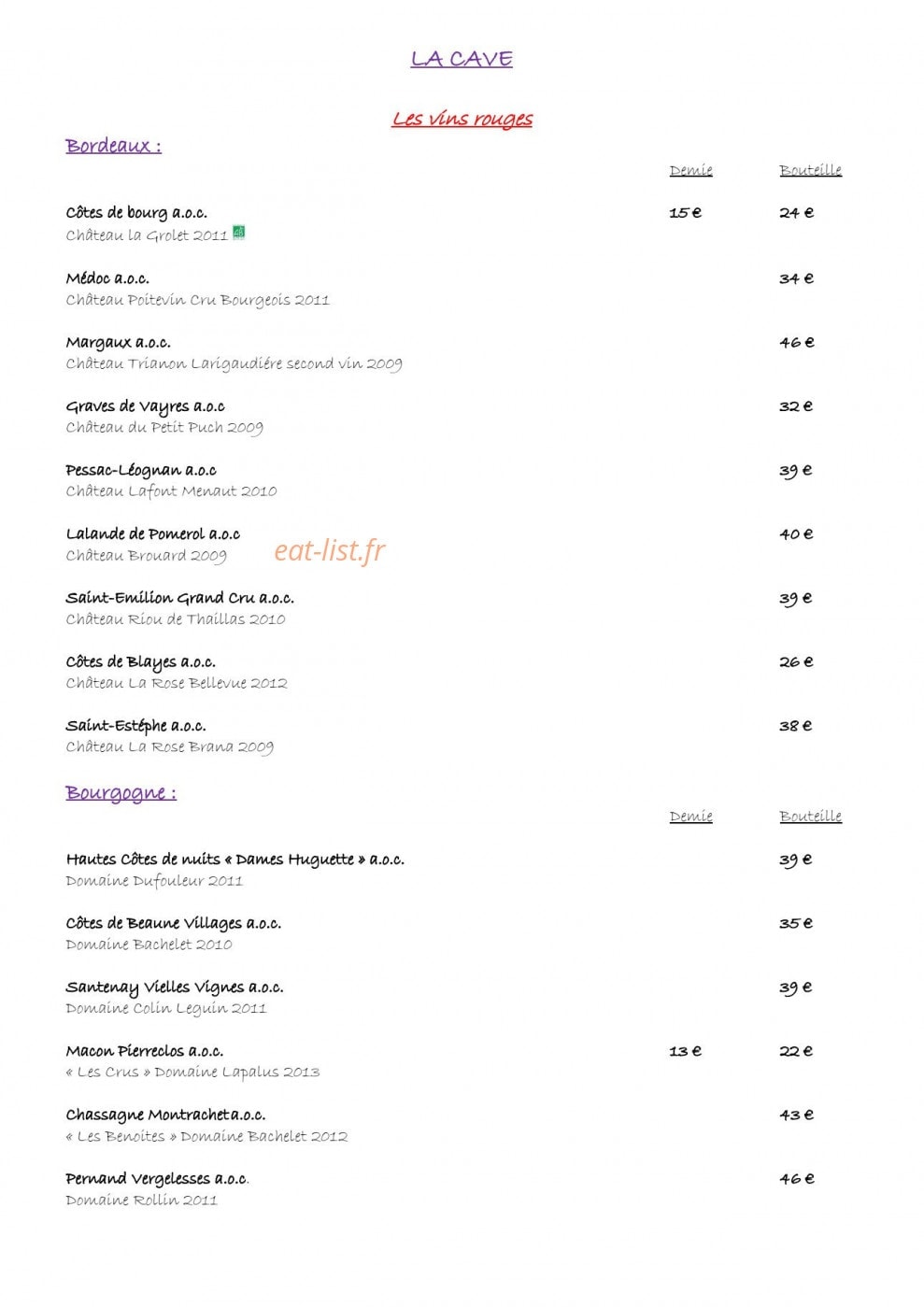 Restaurant De France — carte page 1