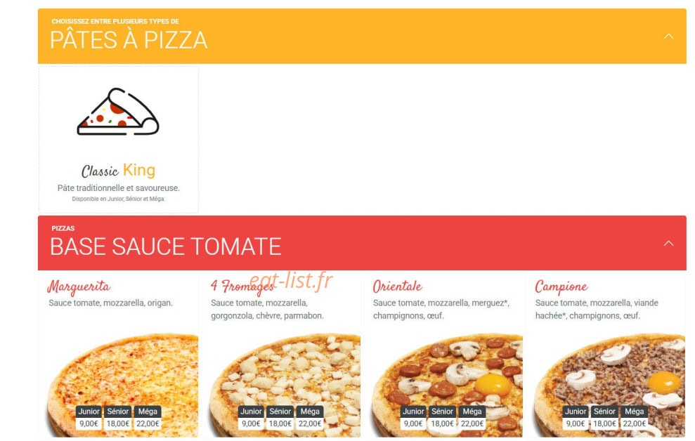 Pizza King — carte page 1