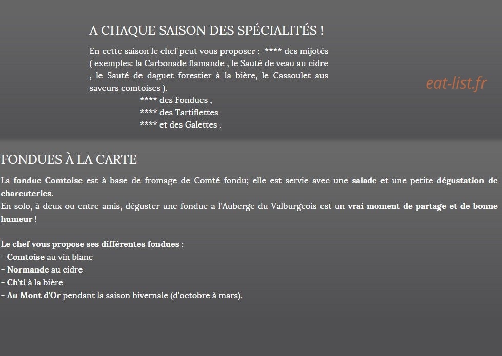 Carte et menu de Auberge du Valburgeois à Sainte Gauburge Saint Colombe — Les spécialités à chaque saison et fondues