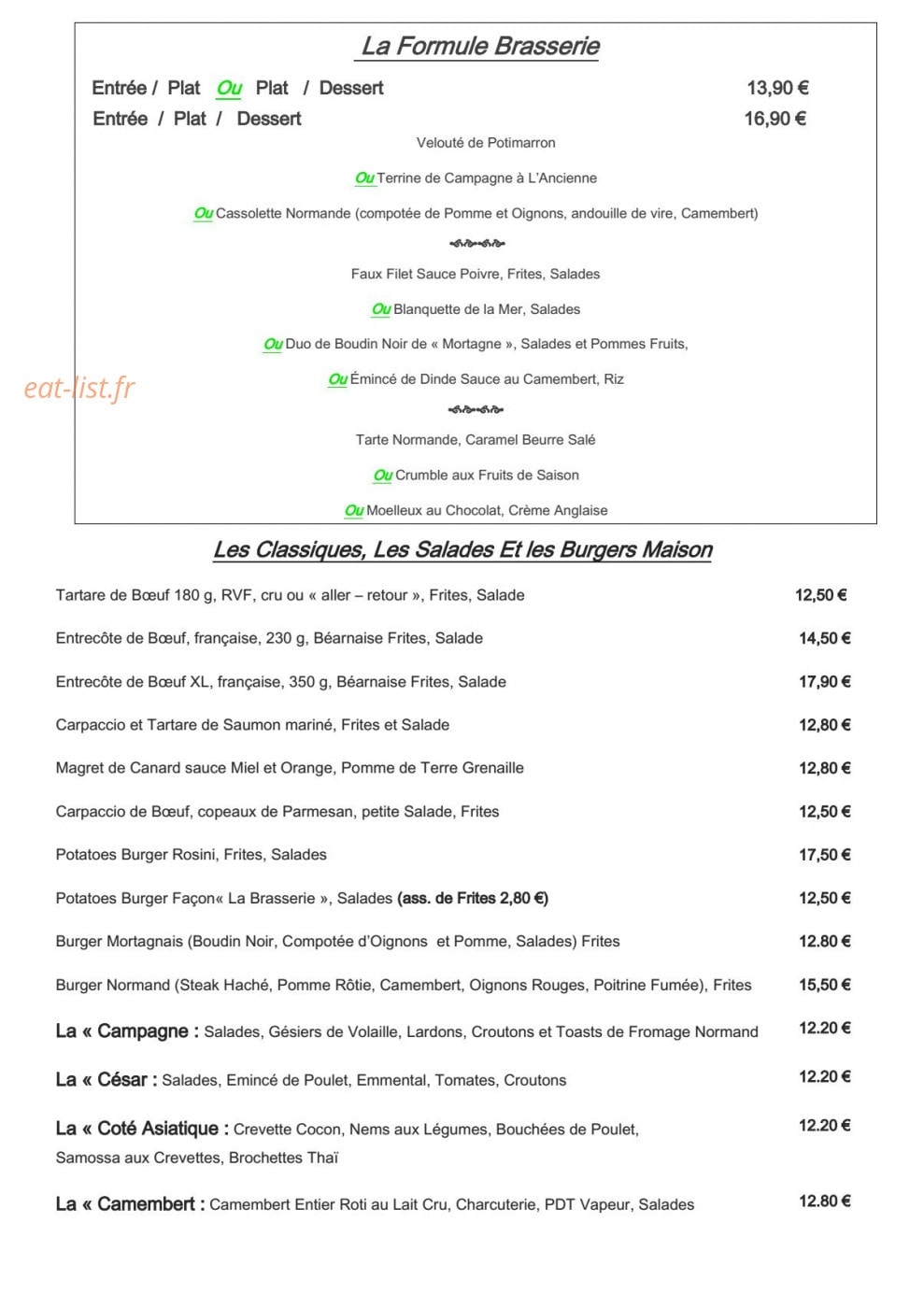 La Brasserie — carte page 1