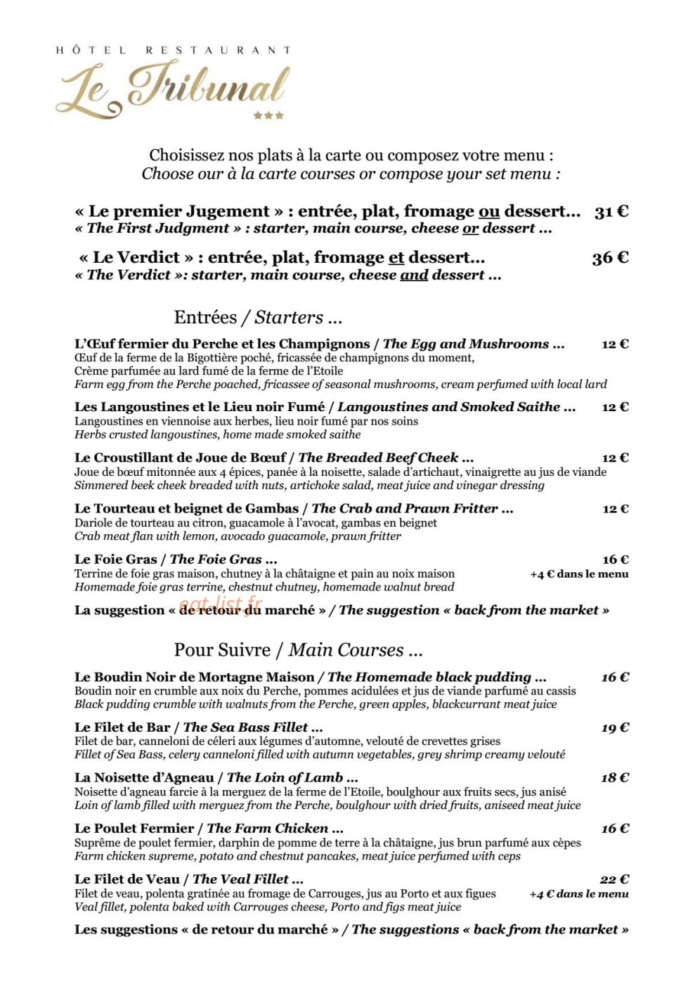 Restaurant du Tribunal — carte page 1