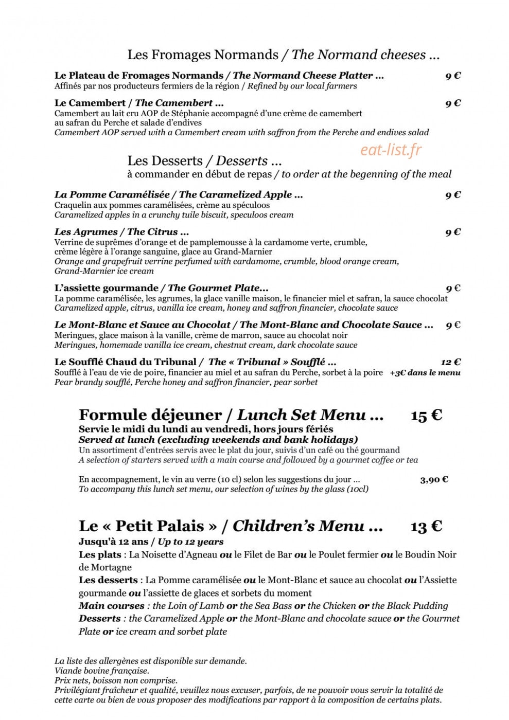 Restaurant du Tribunal — carte page 2