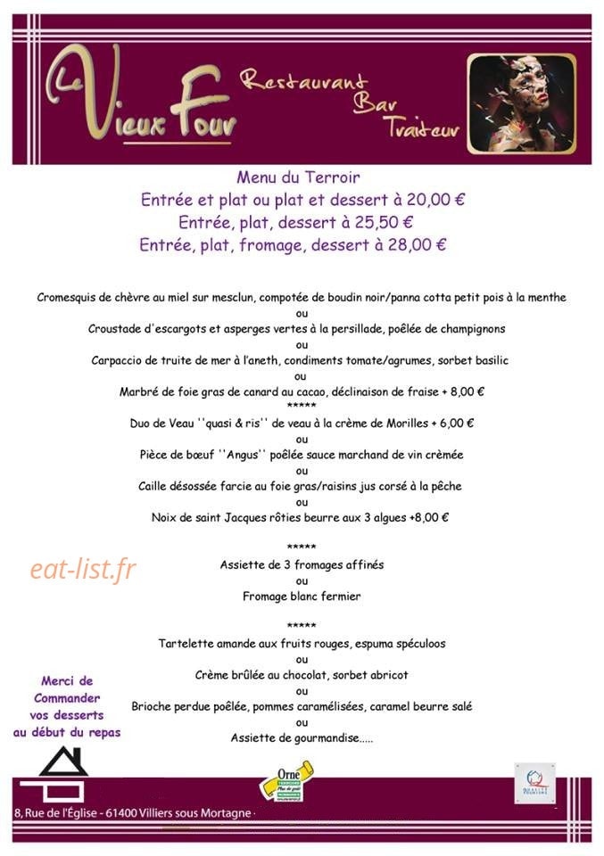 Carte et menu de Le Vieux Four à Villiers Sous Mortagne — Exemple de menu