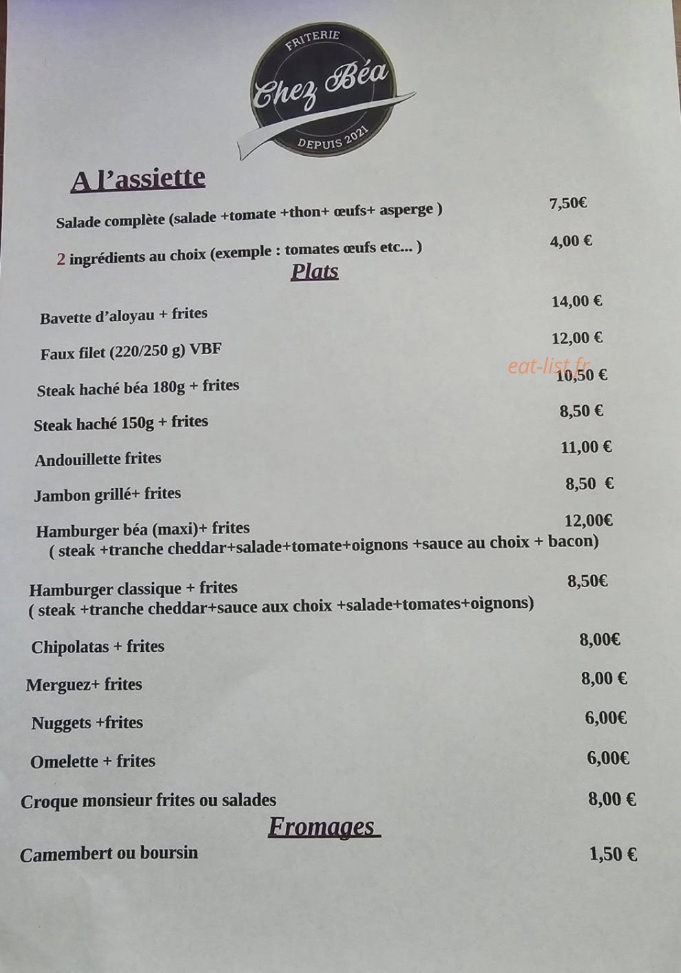 Chez Béa — carte page 1