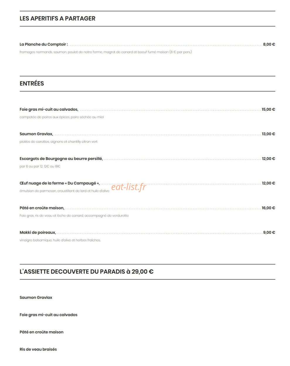 Le Comptoir du Paradis — carte page 1