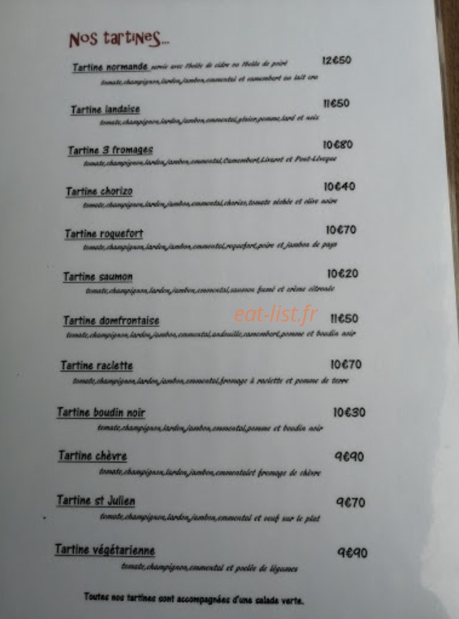 Carte et menu de Le Bistrot Saint Julien à Domfront en Poiraie — Les tartines
