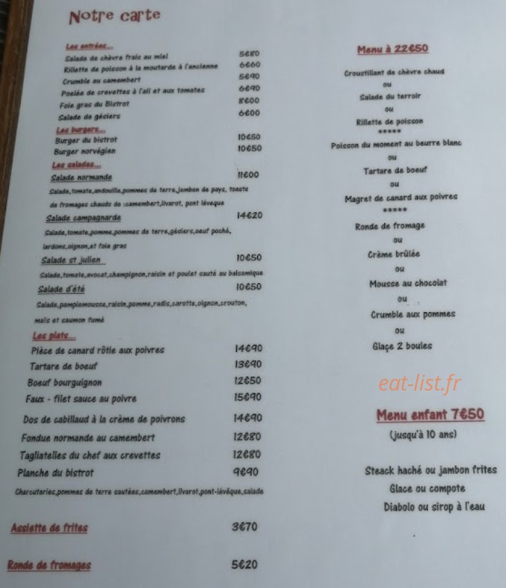 Carte et menu de Le Bistrot Saint Julien à Domfront en Poiraie — La carte