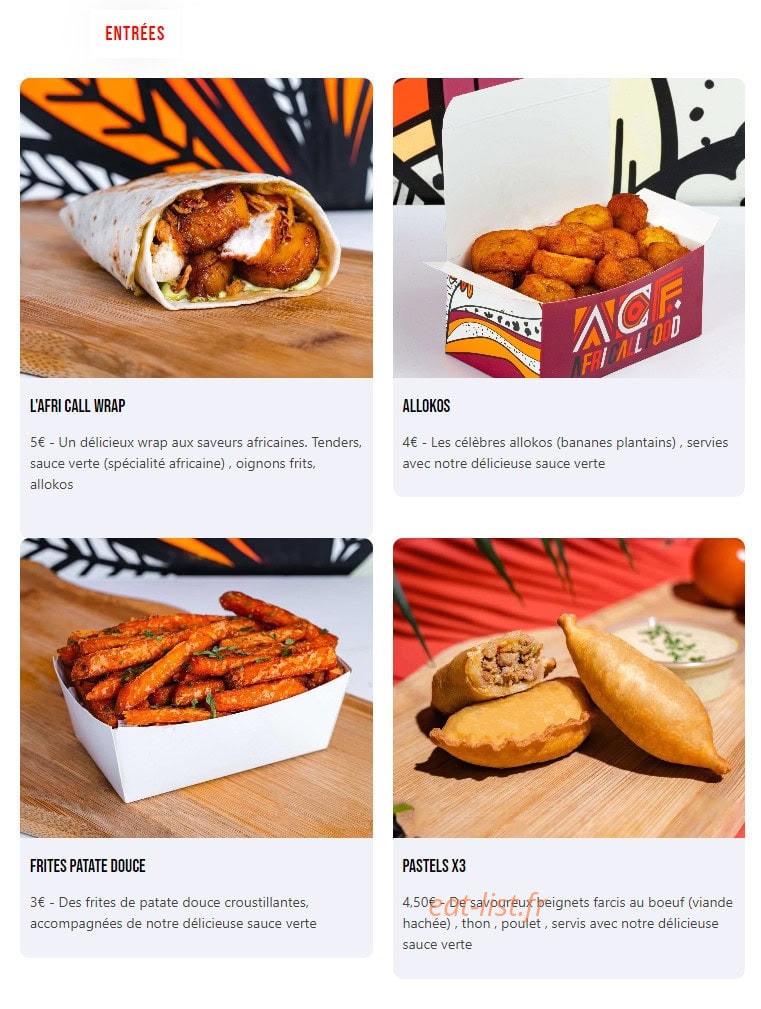 Afri Call Food — carte page 1