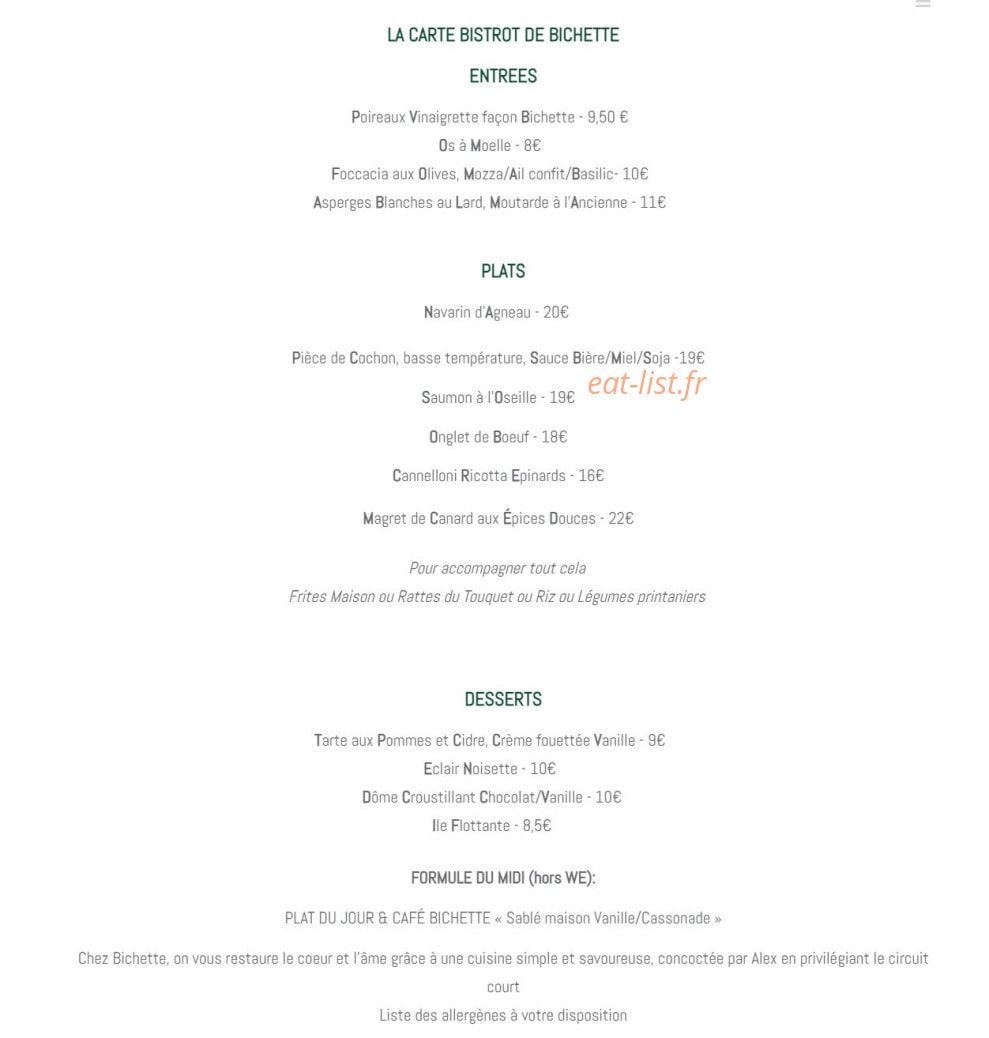 Chez Bichette — carte page 1