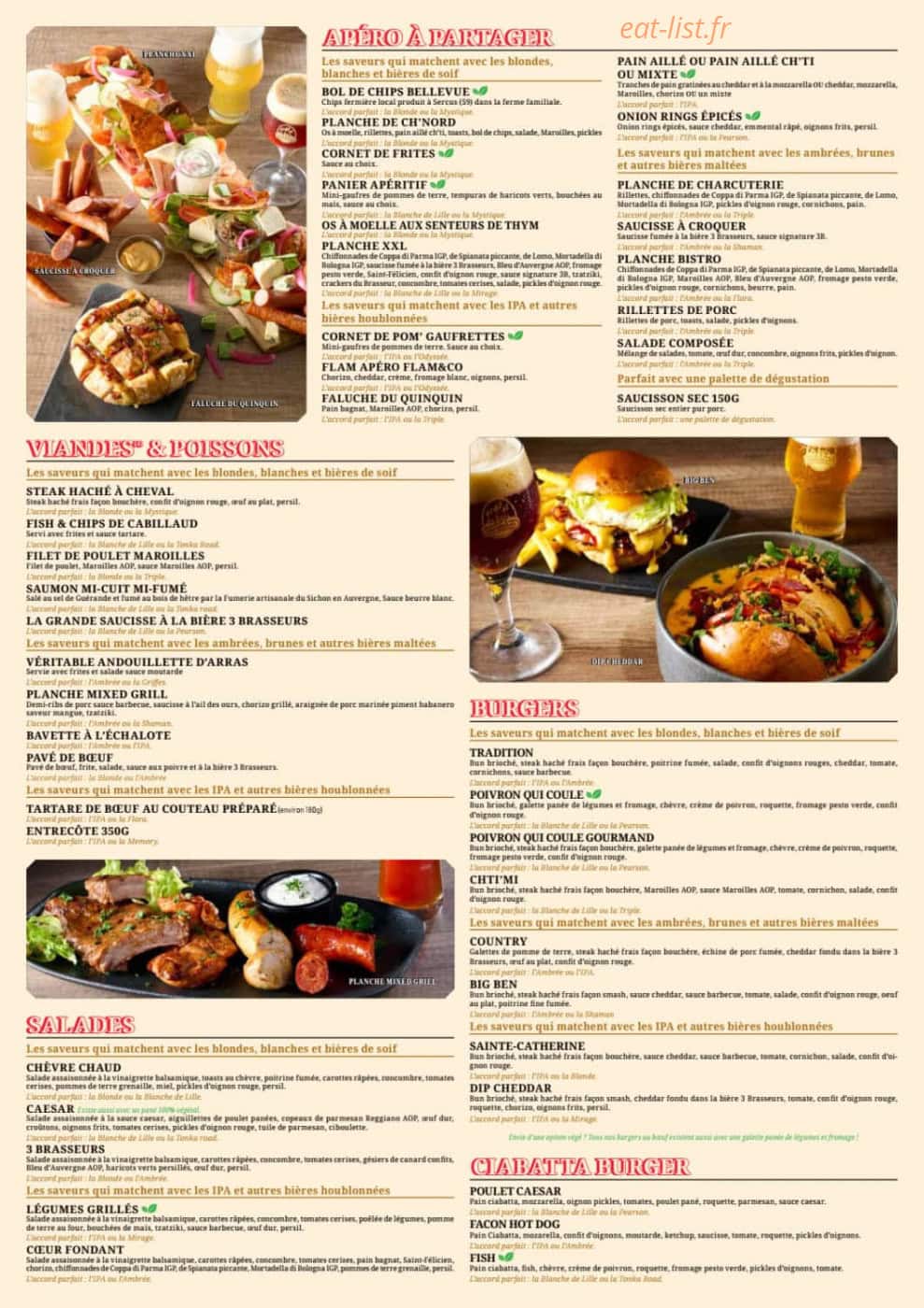 Carte et menu de Les 3 Brasseurs à Arras — Apéro, viandes, poissons, burgers et salades