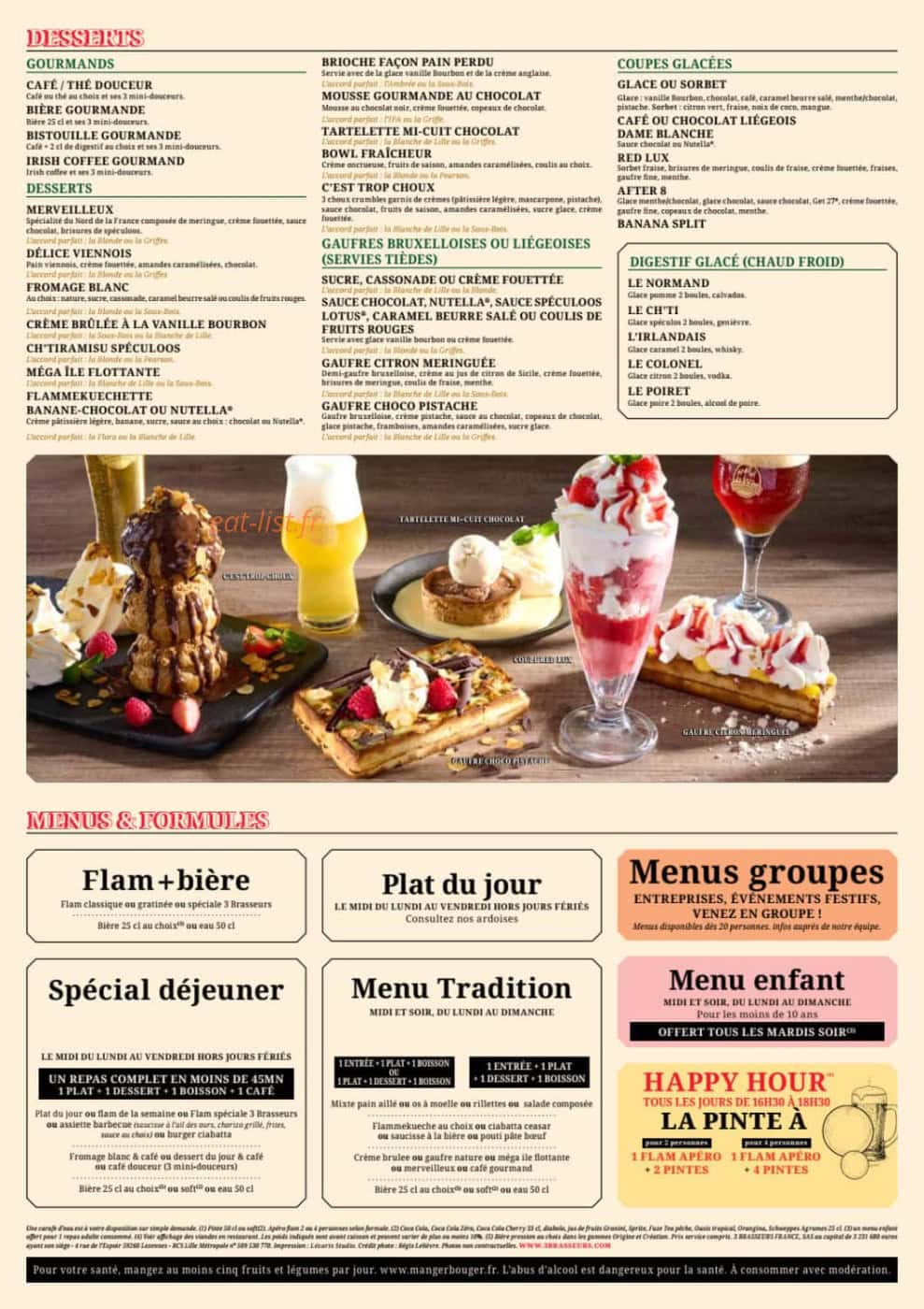 Carte et menu de Les 3 Brasseurs à Arras — Desserts, menus et formules