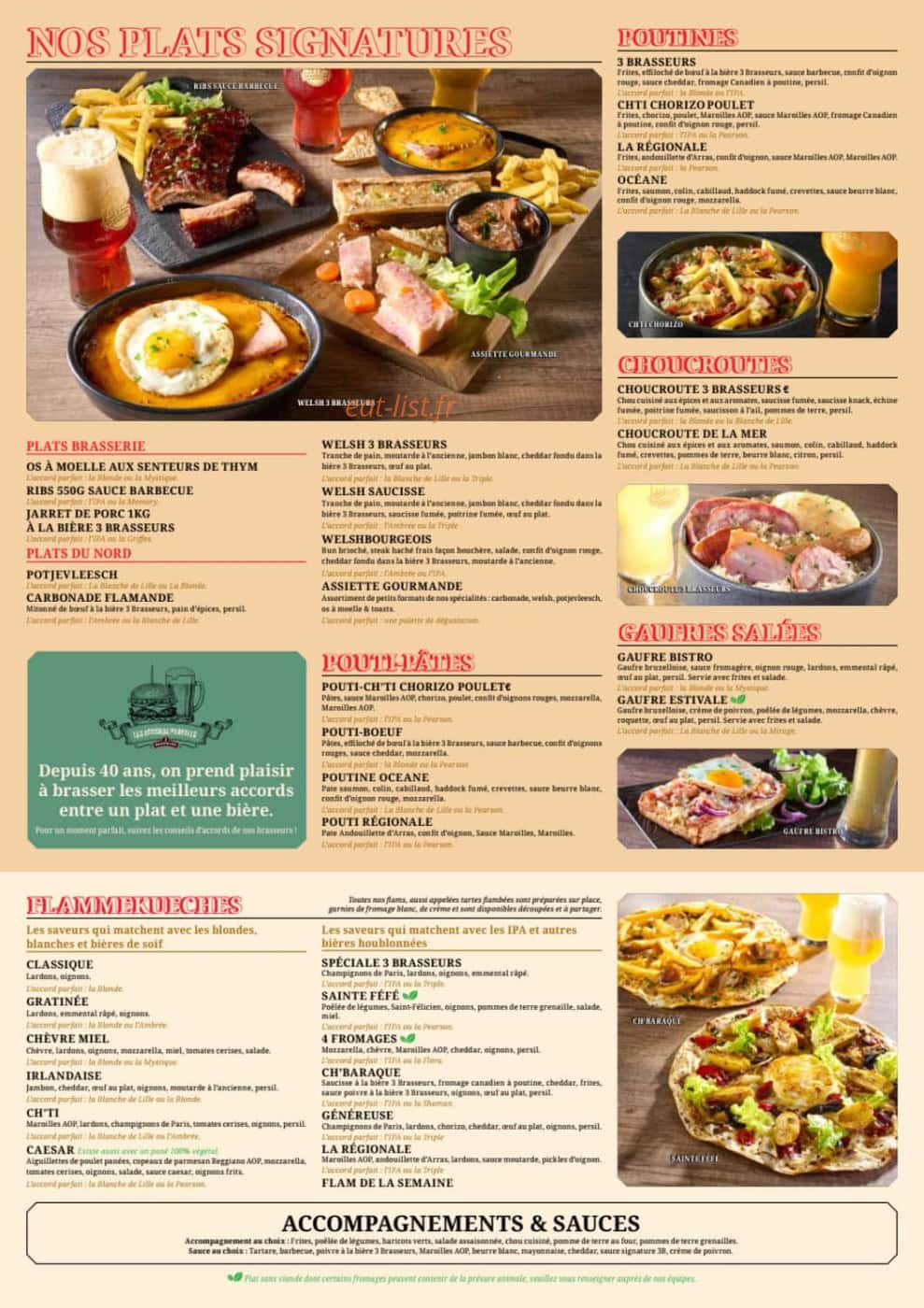 Carte et menu de Les 3 Brasseurs à Arras — Plats, accompagnements et sauces