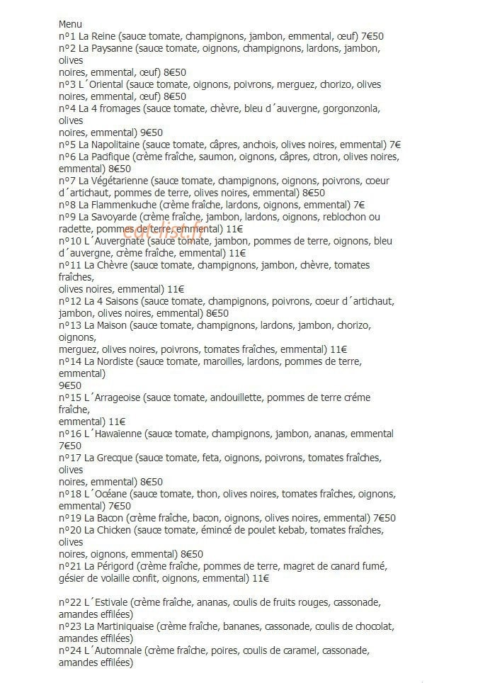 La Cabane a Pizzas — carte page 1