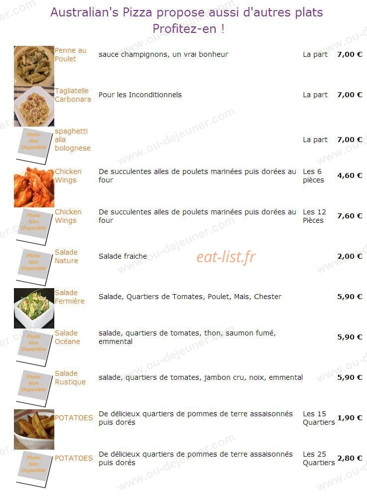 Australian's Pizza — carte page 2