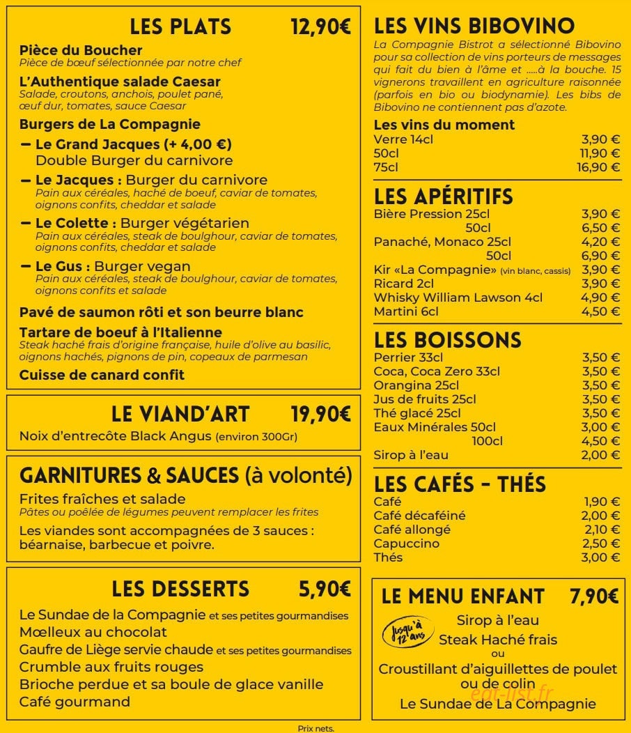 La Compagnie Bistrot — carte page 1