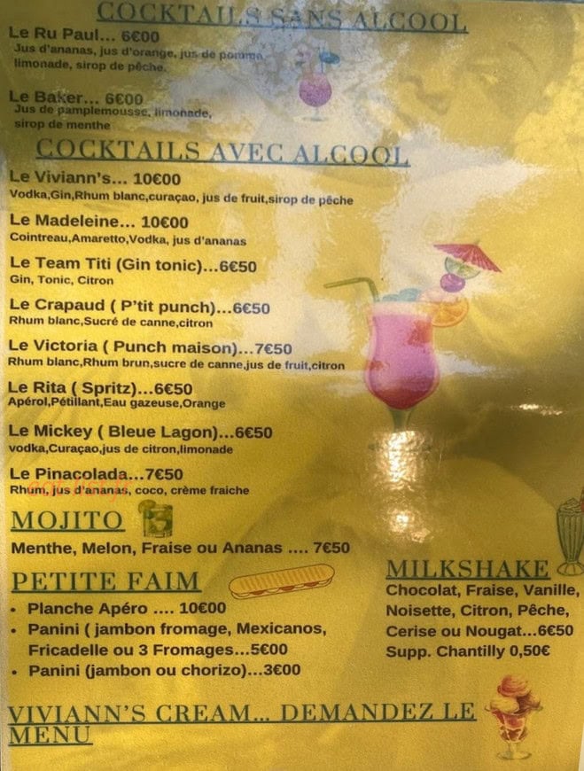 Le Viviann’s bar — carte page 1