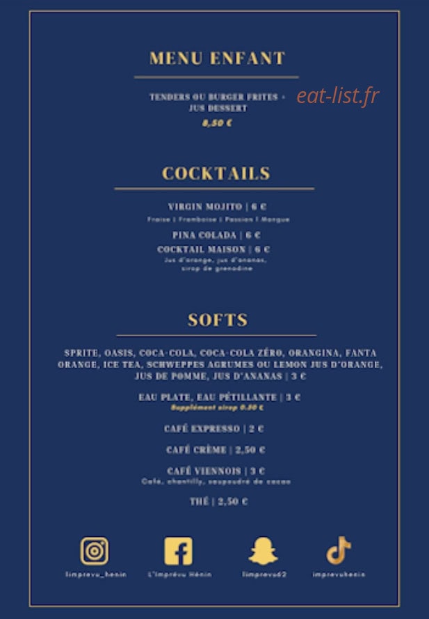 Carte et menu de L'imprévu à Henin Beaumont — Menu enfant, cocktails, softs
