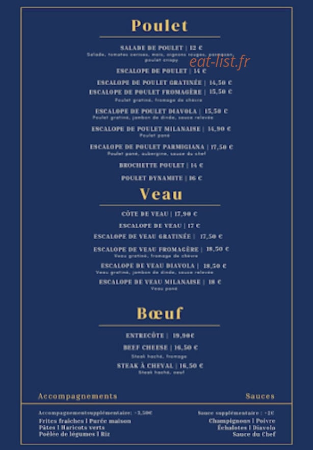 Carte et menu de L'imprévu à Henin Beaumont — Poulet, veau, boeuf