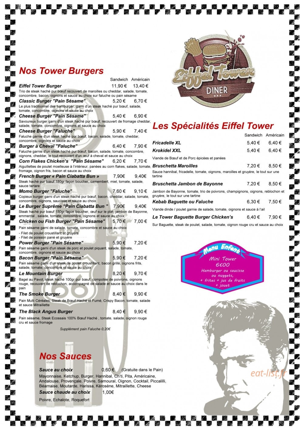 Menu Eiffel Tower Diner - Les burgers et spécialités
