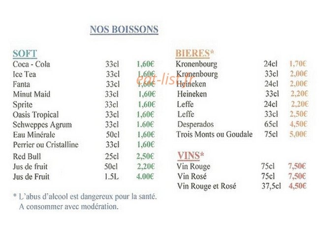 Carte et menu de Pizzeria Roma Delicia à Aire sur la Lys — Les boissons