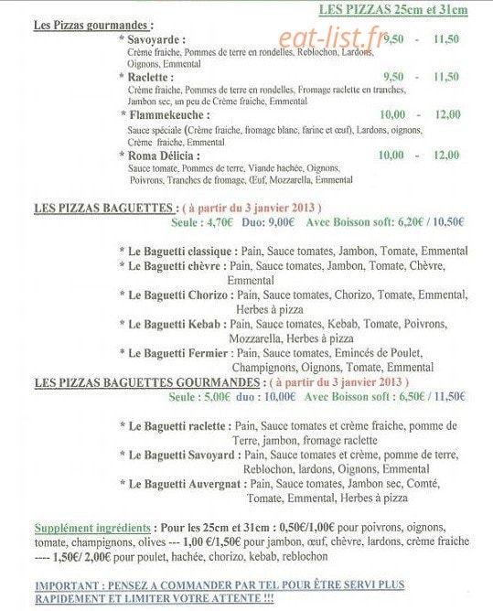 Carte et menu de Pizzeria Roma Delicia à Aire sur la Lys — Les pizzas: gourmandes, baguettes,...