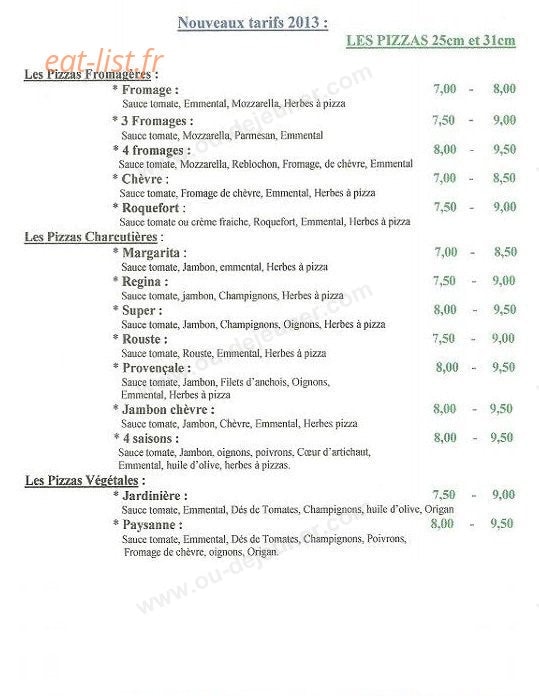 Carte et menu de Pizzeria Roma Delicia à Aire sur la Lys — Les pizzas: fromagère, charcutières,...