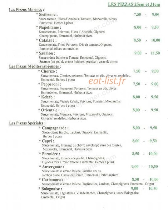Carte et menu de Pizzeria Roma Delicia à Aire sur la Lys — Les pizza: les marines, méditerranéennes,...