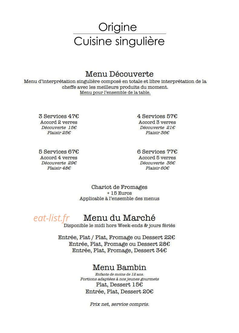 Carte et menu de Origine à Gouy en Artois — Les menus