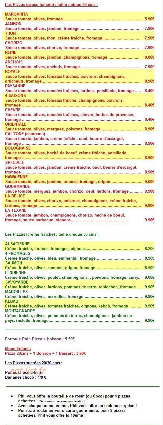 Phil Pizza — carte page 1