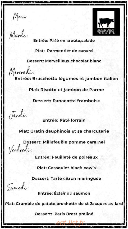 Black cow's burger — carte page 1