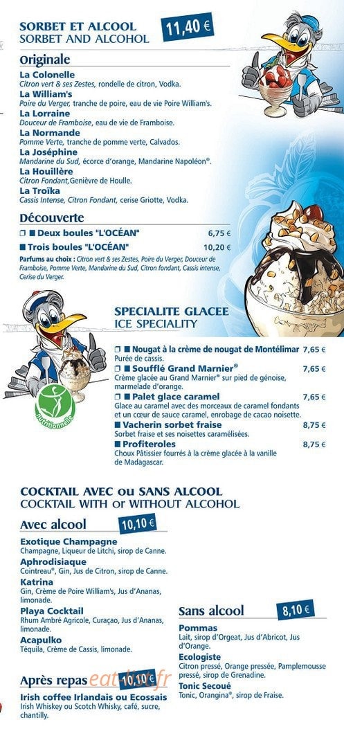 Carte et menu de Brasserie l'Océan à Nesles — Les sorbets et alcools