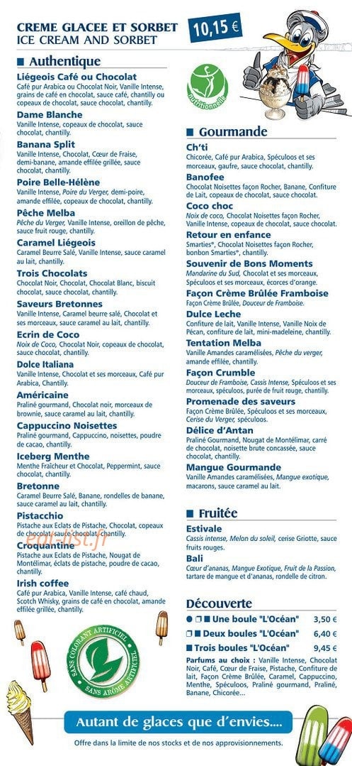 Carte et menu de Brasserie l'Océan à Nesles — Les crème glaces
