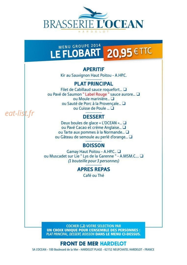 Carte et menu de Brasserie l'Océan à Nesles — Menu du groupe