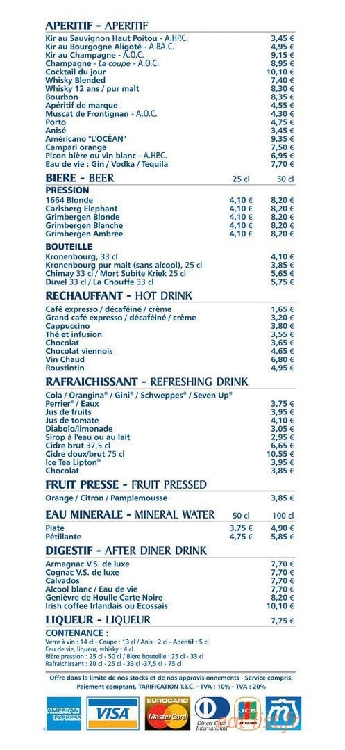 Carte et menu de Brasserie l'Océan à Nesles — Les apéritifs et bières....