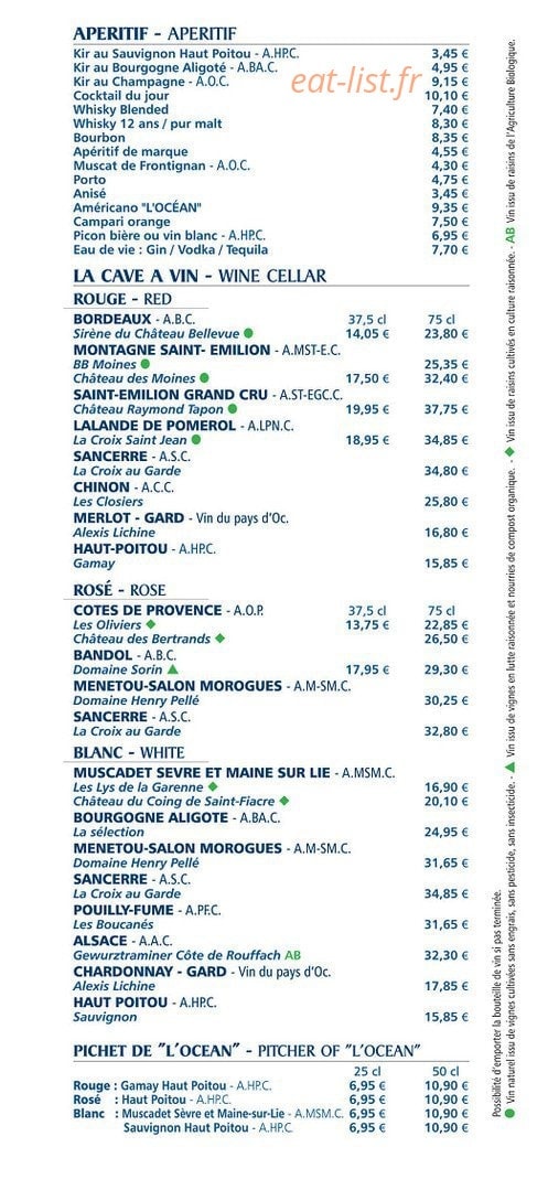 Carte et menu de Brasserie l'Océan à Nesles — Les apéritifs et vins