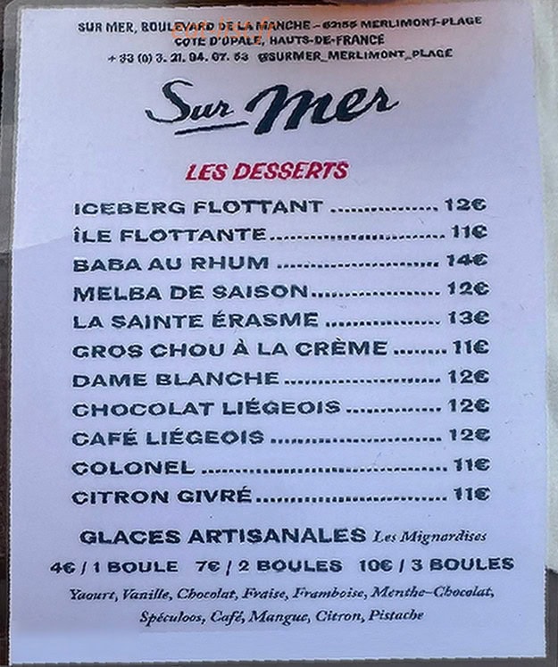 Carte et menu de Sur Mer à Merlimont — Les desserts