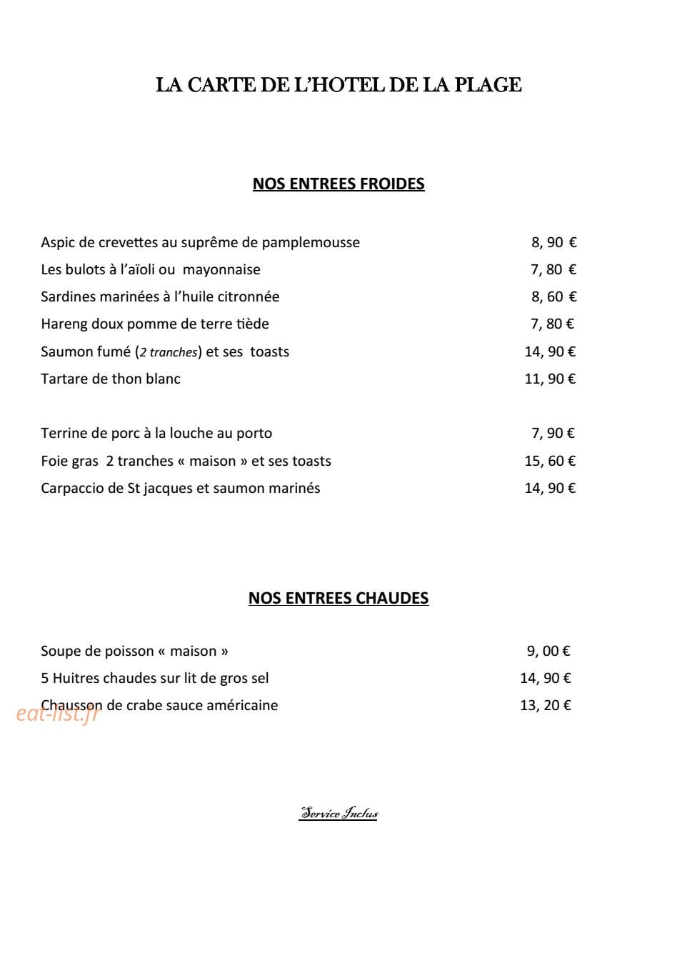 Hotel de la Plage — carte page 1
