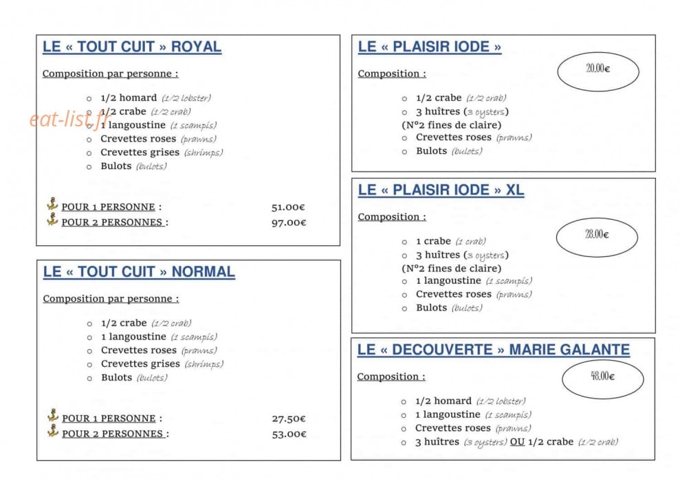 Carte et menu de La Marie Galante à Audresselles — Les fruits de mer suite