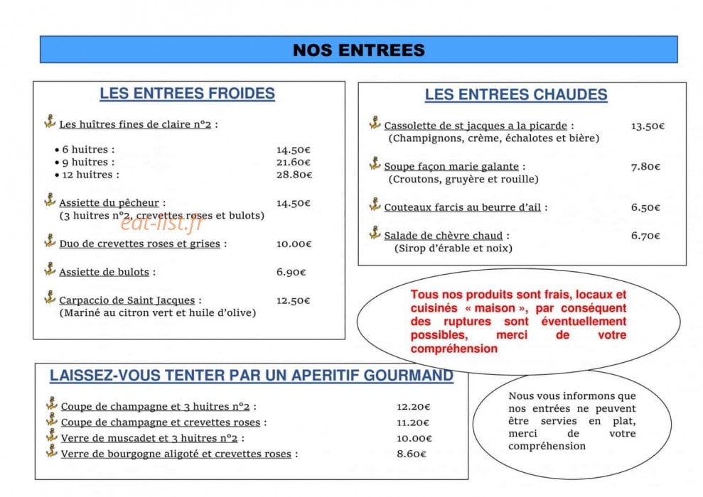 Carte et menu de La Marie Galante à Audresselles — Les entrées