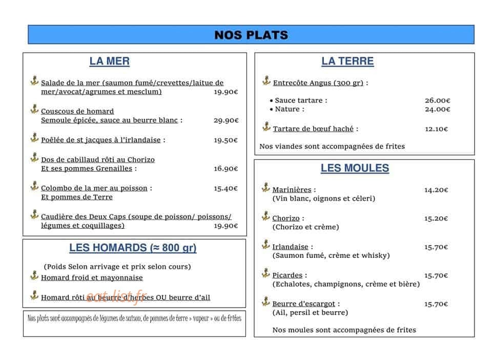 Carte et menu de La Marie Galante à Audresselles — Les plats
