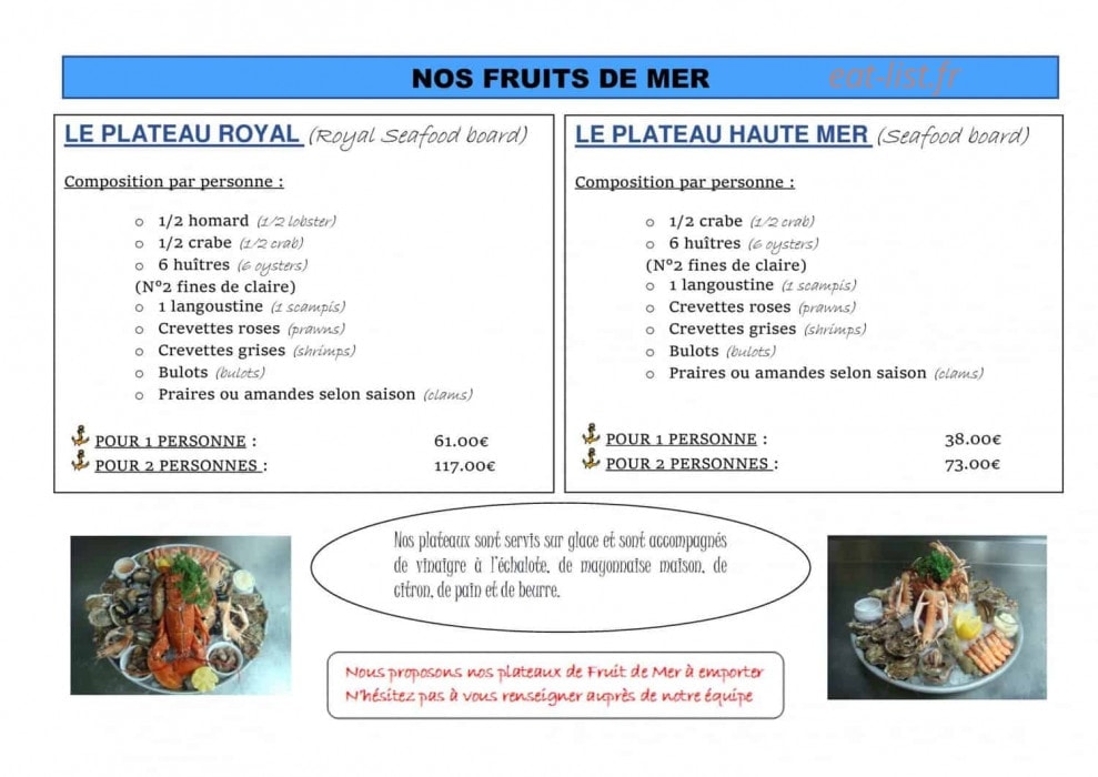 Carte et menu de La Marie Galante à Audresselles — Les fruits de mer